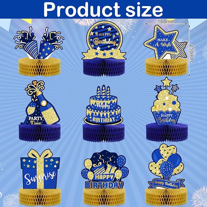 9 Pieces Blue Gold Birthday Table Decorations Happy Birthday Honeycomb Centerpieces Glitter Table Toppers, Blue and Gold Party Decorations for Kids Baby Shower, Men and Woman Party Supplies