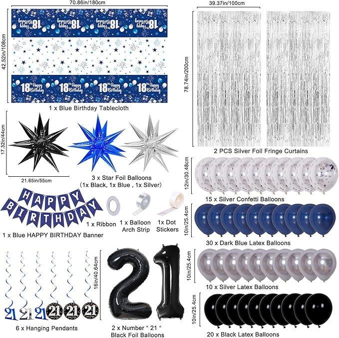 21st Birthday Decorations for Him Her Dark Blue, Happy 21st Birthday Decorations for Men Women with Banner 21 Balloon Number Tablecloth Foil Star Balloons Garland Arch Kit-21 Years Old Party Supplies