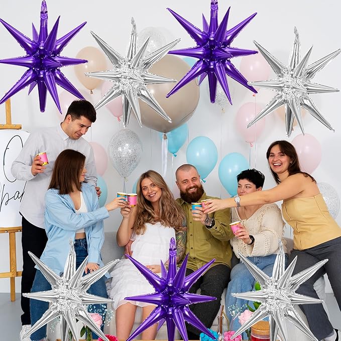 6 Pcs Silver Star Foil Balloons One-Piece 14-Pointed Star Balloon 4D Starburst Cone Mylar Balloon 22inch Christmas Birthday Wedding Wedding Anniversary Party Supplies (Silver + Purple)