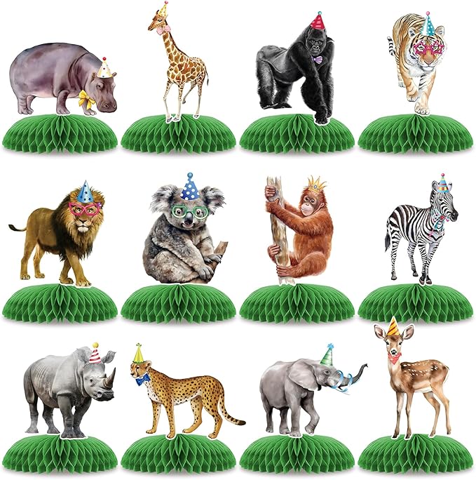 12 Pcs Safari Animals Party Decorations, Jungle Theme Birthday Decorations, Honeycomb Centerpieces for Tables Decor Table Party Supplies Perfect for Women Men Baby Shower Boys Girls