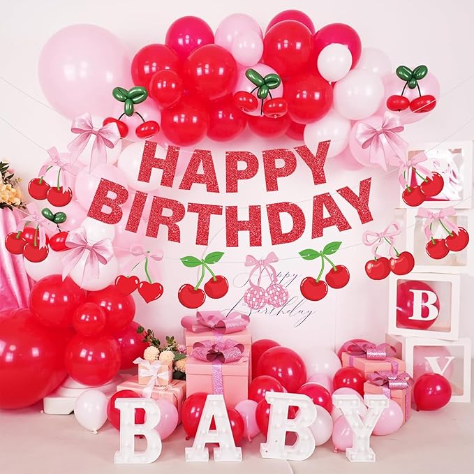 3 Pcs Cherry Birthday Party Decorations Red Glitter Happy Birthday Banner Colorful Hanging Decor Funny Banner Cutout Garland for Themed Decorations Bridal Shower Party Supplies