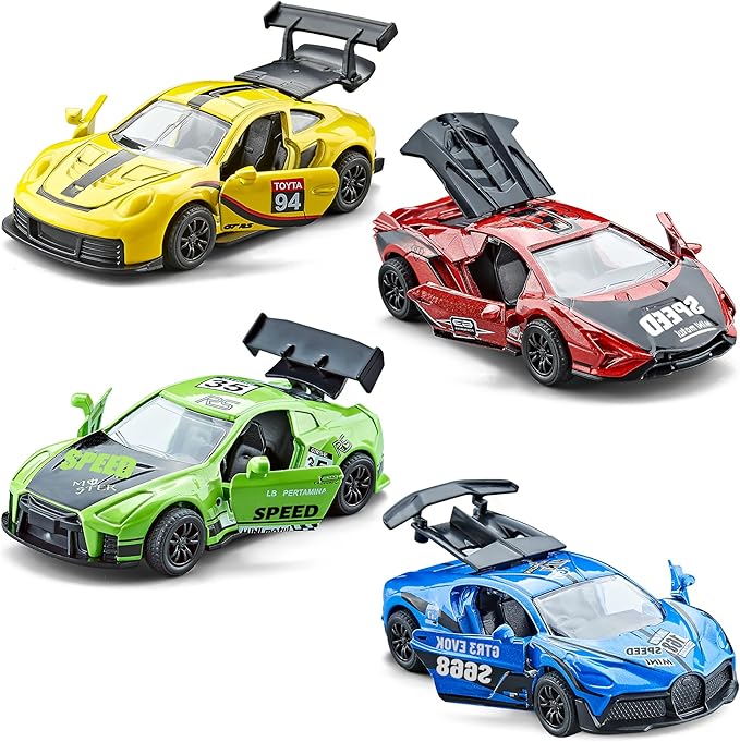 KIDAMI Pull Back Cars for Kids, Sports Car Die Cast Metal Toy Cars Playset with Door Openable, Vehicles Race Toys for Toddlers, Boys, Girls’ Educational Play (4 Pack)