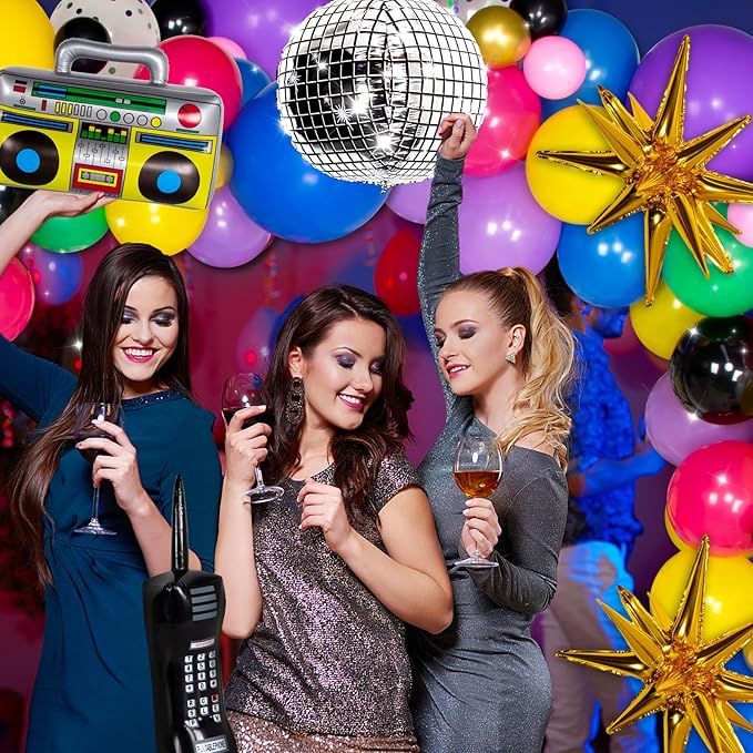 80s Party Decorations, 80s 90s Theme Birthday Party Supplies Includes Inflatable Radio Boombox & Mobile Phone, Back To The 80's Backdrop, Tablecloth, Plates, Napkins, Hip-Hop Cake Toppers