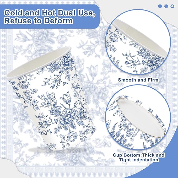 120PCS Blue Floral Plates Party Supplies for Girls Kids Blue Disposable Plates and Napkins Cups Floral Tableware Set Birthday Bridal Wedding Party Decorations