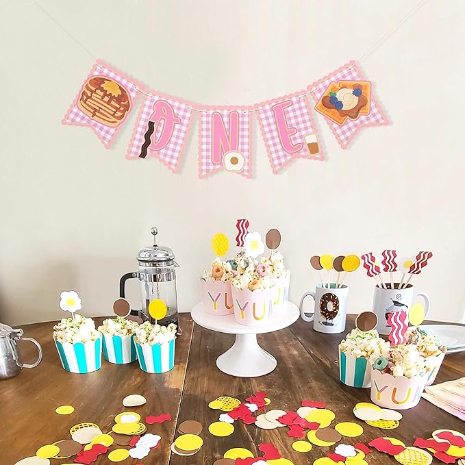 Brunch 1st Birthday HighChair Banner - Breakfast First Birthday Decoration, Pancakes and Pajamas Party Supplies, Breakfast Food Banner, Pancake and Waffle Cake Smash Photo Props (Pink Brunch Banner)