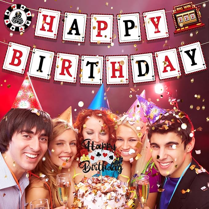 Casino Theme Party Decorations Poker Night Happy Birthday Banner With Glitter Las Vegas Casino Cake Decorations Poker Cake Topper Casino Party Supplies, Caisno