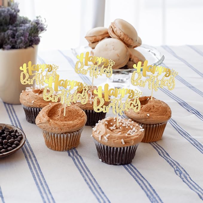Ephlyn 24Pcs Gold Metallic Happy Birthday Cupcake Toppers for Birthday, Baby Shower & Anniversary Parties