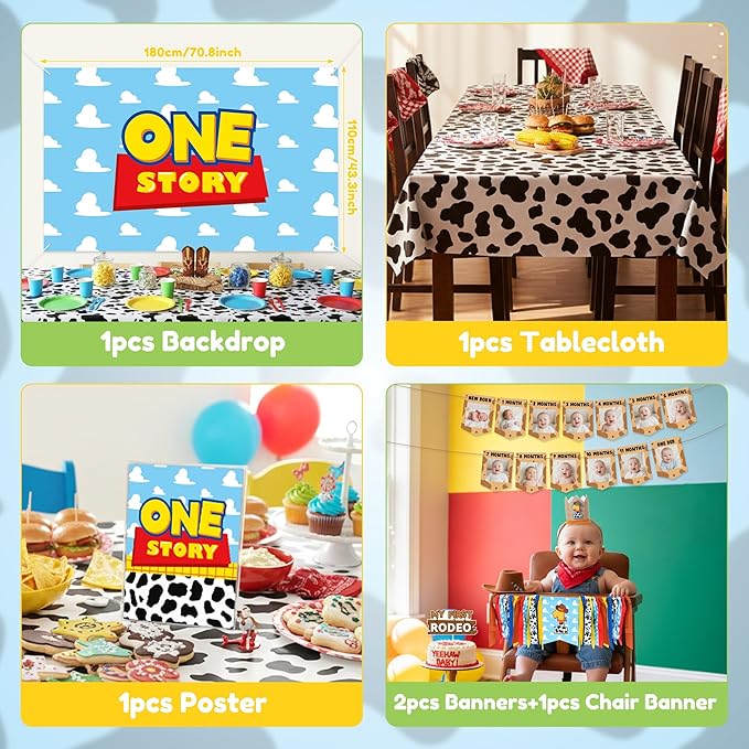 One Story Birthday Decorations for Boys - My First Rodeo Theme Party Favor for Baby Shower Decoration Include Birthday Hat Cake Topper Backdrop Tablecloth Photo Banner Arch Balloon Boxes Poster