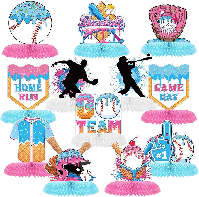 Marspark 12 Pcs Ice Cream Drip Baseball Birthday Party Decoration Baseball Drip Table Centerpieces Ice Cream Honeycomb for Table Party Supplies for Kids Boys Birthday Baby Shower Favors