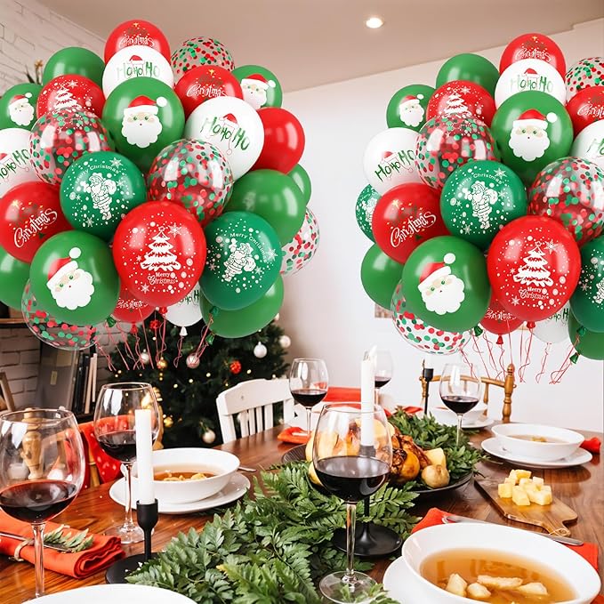 Merry Christmas Printed balloons, Red Green Confetti Balloon Set, 12 Inch Red Green White Latex Balloons Santa Claus Christmas Tree Printed Balloon Helium for Xmas Birthday New Year's Party Decoration