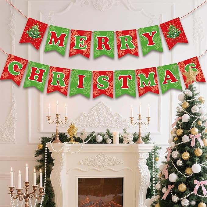 OHOME Christmas Party Decorations - Merry Christmas Banner | CHRISTMAS Decorations for Indoor Outdoor - Xmas Backdrop Garland for Outside | Hanging Party Favors Supplies for Birthday