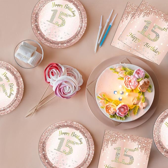 15th Birthday Decorations for Girls,15th Birthday Plates and Napkins,Rose Gold 15 Year Old Birthday Tableware 15 Party Table Decorations Supplies,Disposable 7'' Paper Plates, Napkins for Teen Party