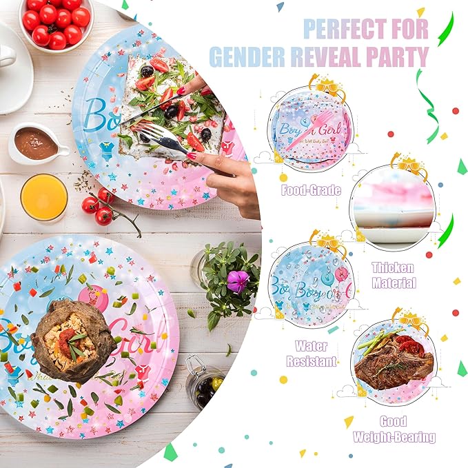 CANREVEL 96 PCS Gender Reveal Plates Set, Serve 24, Disposable Tableware for Gender Reveal Decorations, Boys Girls Kids
