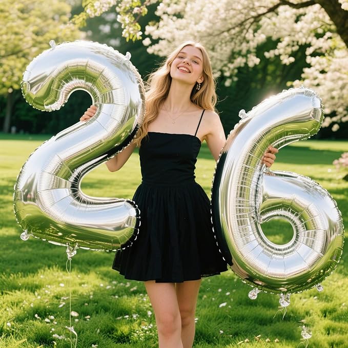 40 Inch Silver Number 26 Digital Balloon,Jumbo Mylar Foil Helium Balloon for 26 Balloons for Birthday Party,Wedding Anniversary Party Decorations