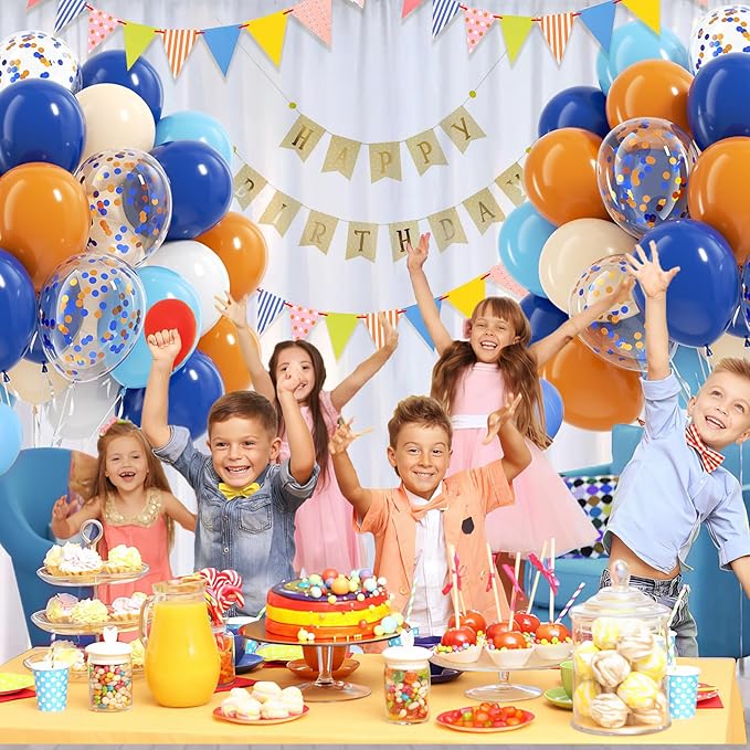 Blue and Orange Balloons, 60pcs 12 Inch Orange Blue White Nude Latex Balloon with Confetti Balloons Ribbon for Baby Shower Graduation Blue Birthday Party Decorations