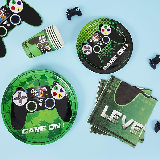 WERNNSAI Video Game Birthday Decorations - 64 PCS Game Plates Napkins and Cups Gaming Birthday Plates for Boys Gamer On Level Up Party Supplies for Gaming Theme Baby Shower Birth Anniversary Parties