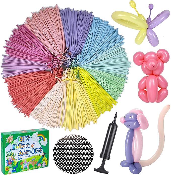 260 Balloons with Pump, Premium Long Latex Twisting Balloons animal kit, Birthday Gifts for Girls and Boys Arts and Crafts Pastel Color 100Pcs