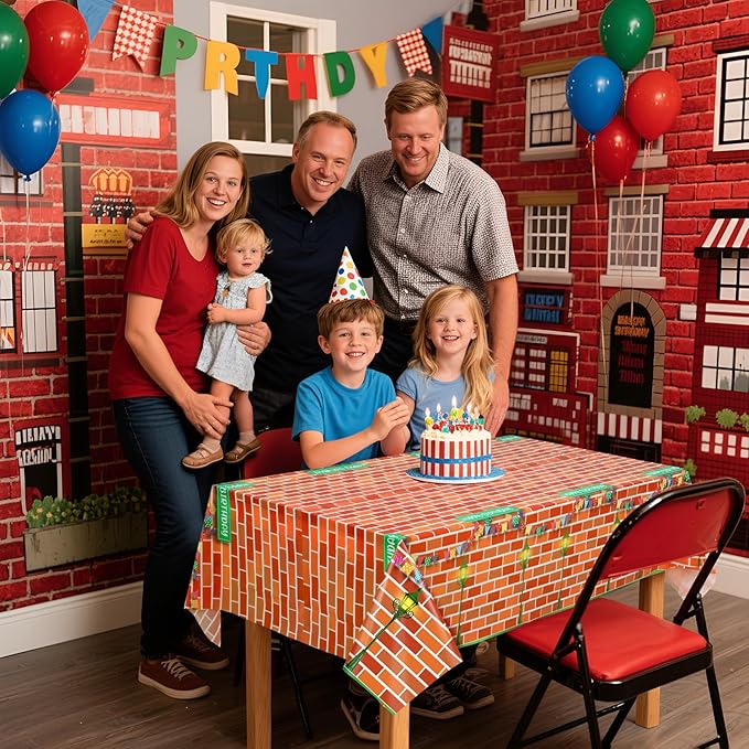 Funrous Red Brick Wall Street Party Decorations Cartoon Street Birthday Plastic Tablecloth 54 x 108 Inch Disposable Waterproof Rectangle Table Cover for Cartoon Friends Themed Birthday Party Supplies