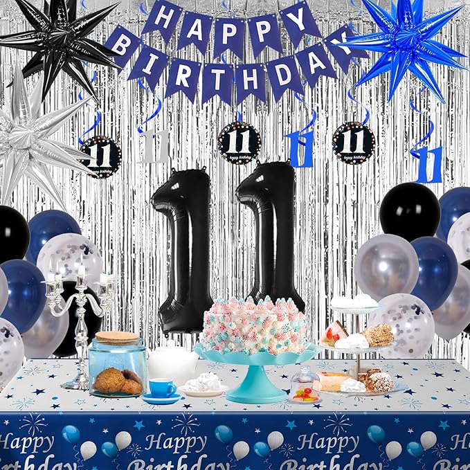 11th Birthday Decorations for Boys and Girls Dark Blue, 11 Year Old Birthday Decorations with HAPPY BIRTHDAY Banner Number 11 Balloon Tablecloth Foil Star Balloons Garland Arch Kit Party Supplies