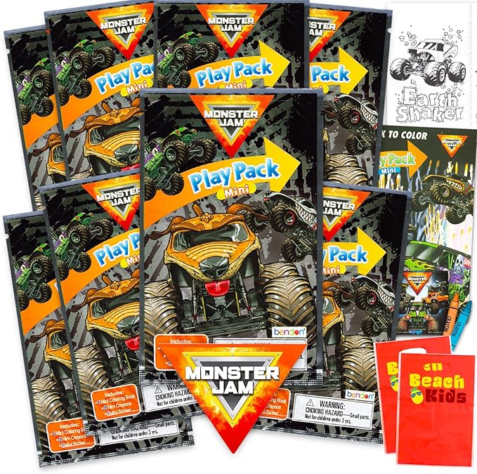 8 Pc Monster Jam Mini Party Favors Set - Bundle with 8 Play Packs with Mini Coloring Books, Stickers, and Goodie Bags | Monster Jam Birthday Party Supplies Decorations