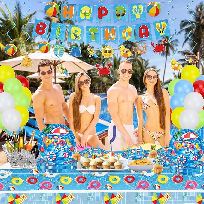50 Pcs Pool Party Tableware Plates,Pool Party Supplies Beach Party Supplies,7"Summer Pool Party Paper Plates for Summer Beach Theme Pool Birthday Party Decorations