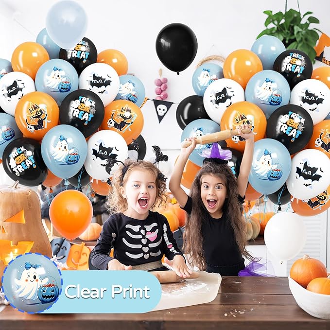 Halloween Party Balloons Decorations,12 Inch Blue and Orange Balloons Set Baby Blue White Print Balloon Cute Balloon for Halloween Themed Party Supplies
