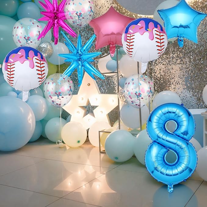 11 Pcs Ice Cream Drip Baseball Birthday Party Decorations 8th Baseball Balloons Birthday Decoration Sports Theme Party Supplies 32 Inch Foil Number 8 Balloon for Summer Ice Cream Camping Baby Shower