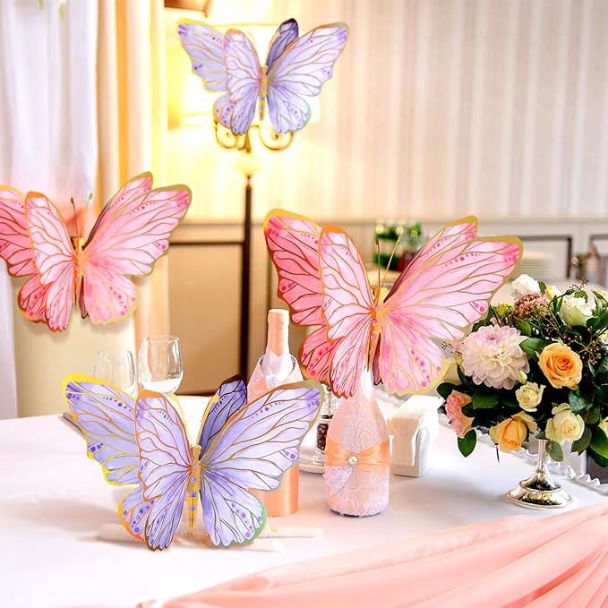 PerKoop 10 Pcs Large Butterfly Centerpieces for Tables Butterfly Party Decorations 3D Paper Table Toppers Centerpieces Wall Decor for Birthday Baby Shower Wedding Party Supplies (Pink, Purple)