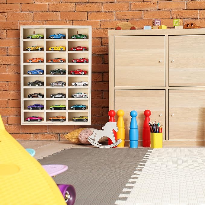 24 Space Toy Cars Wheels Display Case 1: 64 Scale Model Cars Display Shelf Wooden Wall Mounted Die Cast Car Storage Rack for Gift Collectibles Toy Figurines Tiny Cabinet