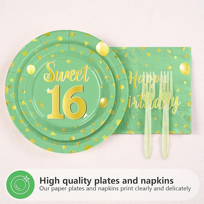 96 Pcs Sweet 16 Happy Birthday Party Decoration Sage Green and Gold Plates and Napkins Sweet 16th Birthday Tableware Set for Boy Girl 16 Years Party Supplies, Serves 24