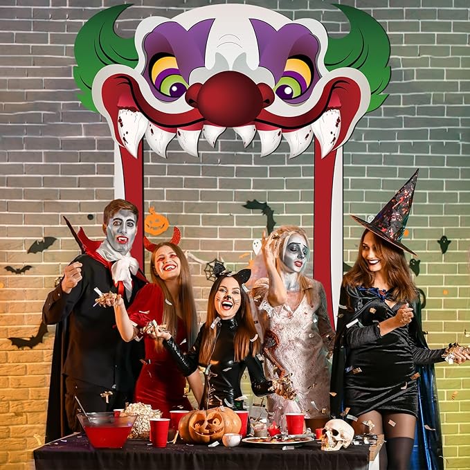 Halloween Clown Party Door Banner Creepy Clown Theme Door Hanging Decoration Horror Clown Scary Stand Up Background Banner for Carnival Halloween Party Photo Booth Props Favor Supplies