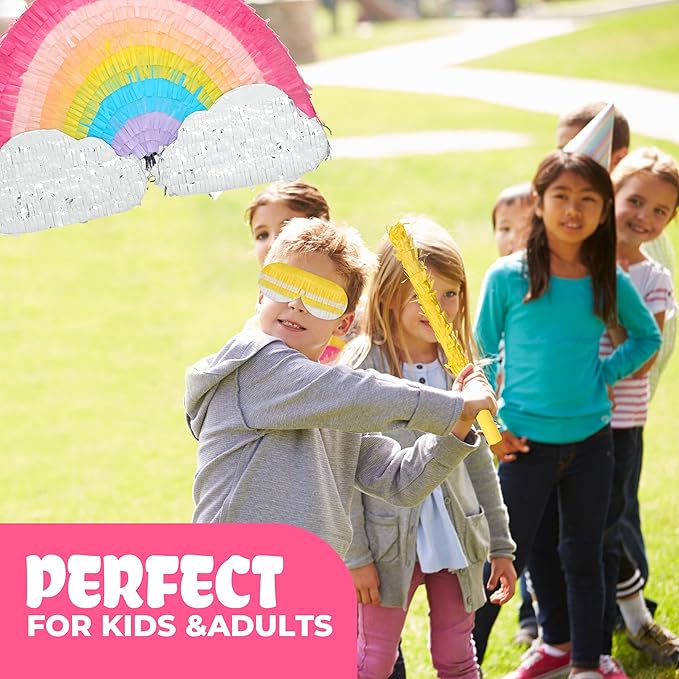 Rainbow Pinatas Bundle with a Blindfold and Bat (16.5x8.5x3.5 Inches), Rainbow Pinatas for Girls Birthday Parties Girl, Perfect for Unicorn Party, Theme Party, Decoration