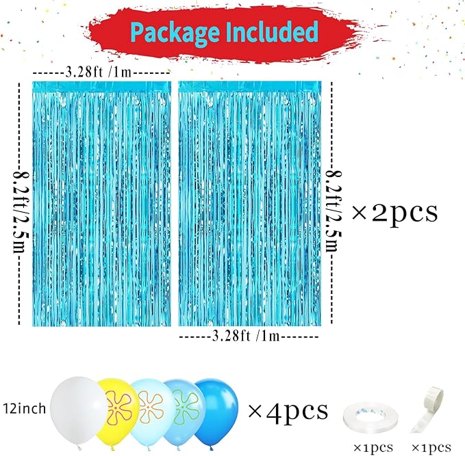 22Pcs Cartoon Baby Birthday Decorations, Aquamarine 3.3x8.2ft Tinsel Foil Fringe Curtains Banner and Cute Flowers Bubbles Balloons for Cute Theme Party Decorations Boys and Girls Party Supplies