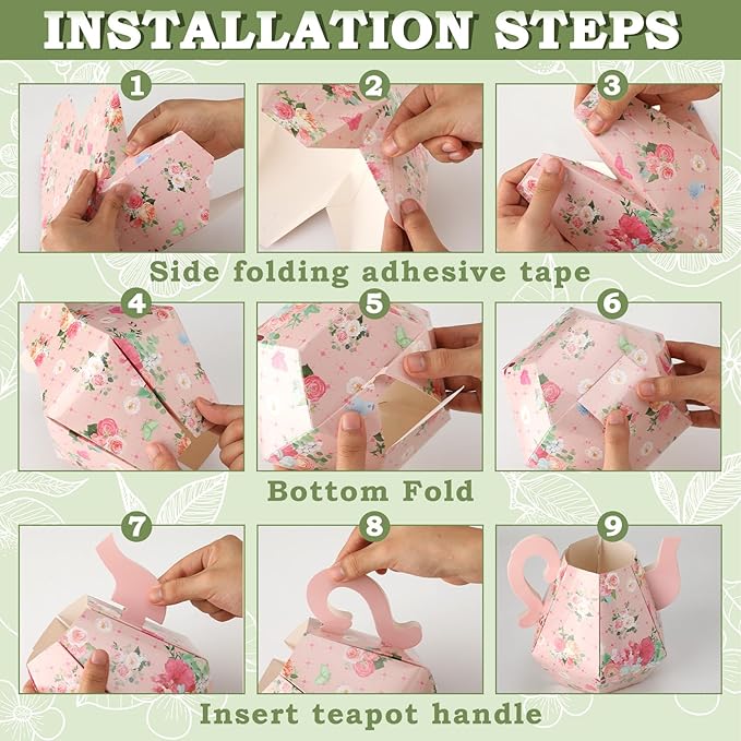 Fulmoon 6 Pcs Tea Party Decorations 6.7'' Flower Box Table Paper Teapot Princess Centerpiece Vase Table Decor Wonderland Fancy Party Decor for Floral Tea Birthday Baby Shower Wedding (Fresh)