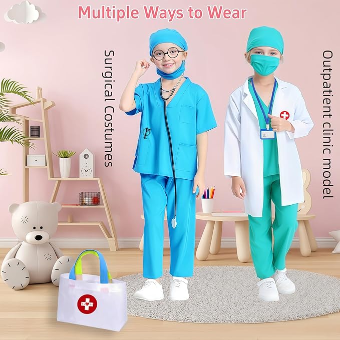 Doctor Costume for Kids 9PC Boys Girls Doctor Role Play Outfit with Bag Kids Scrubs Dress Up for Pretend Play