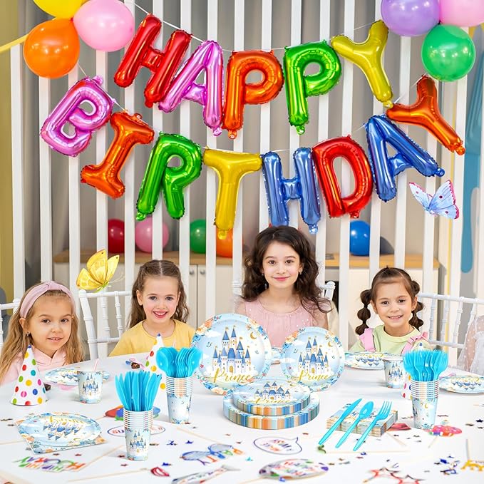 Meanplan 168 Pcs Prince Princess Party Decorations Blue Castle Plates Napkins Cups Fork Spoon Knives Disposable Tableware Set for Girl Boy Baby Shower Birthday Party Supplies Serves 24 Guest