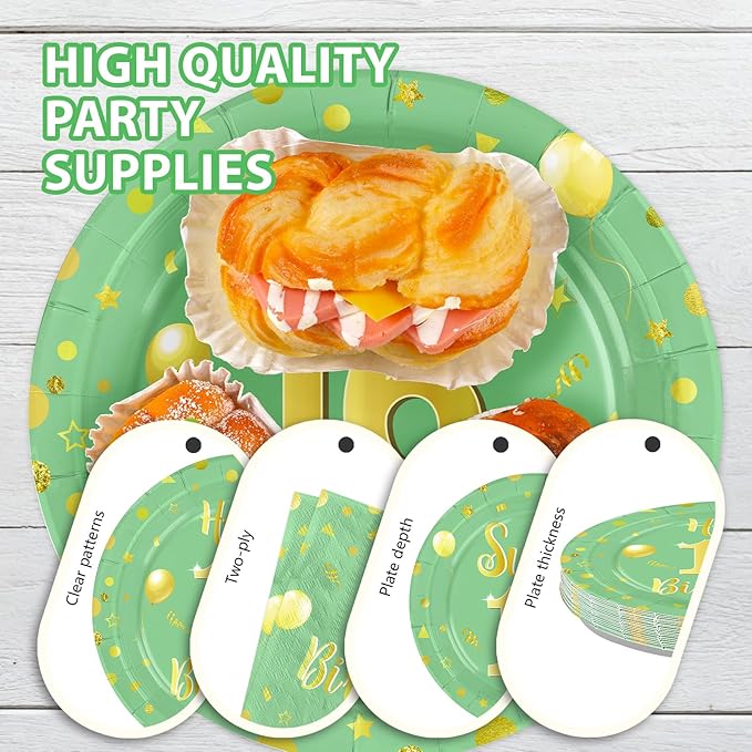 96 Pcs Sweet 16 Happy Birthday Party Decoration Sage Green and Gold Plates and Napkins Sweet 16th Birthday Tableware Set for Boy Girl 16 Years Party Supplies, Serves 24