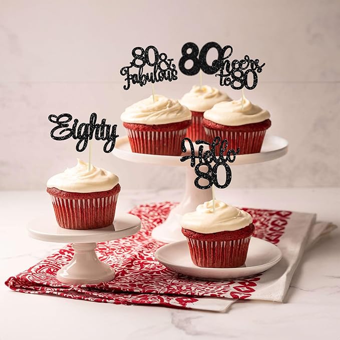 30pcs Happy 80th Birthday Cupcake Toppers - Eighty Cheers to 80 Years Old - Black Glitter