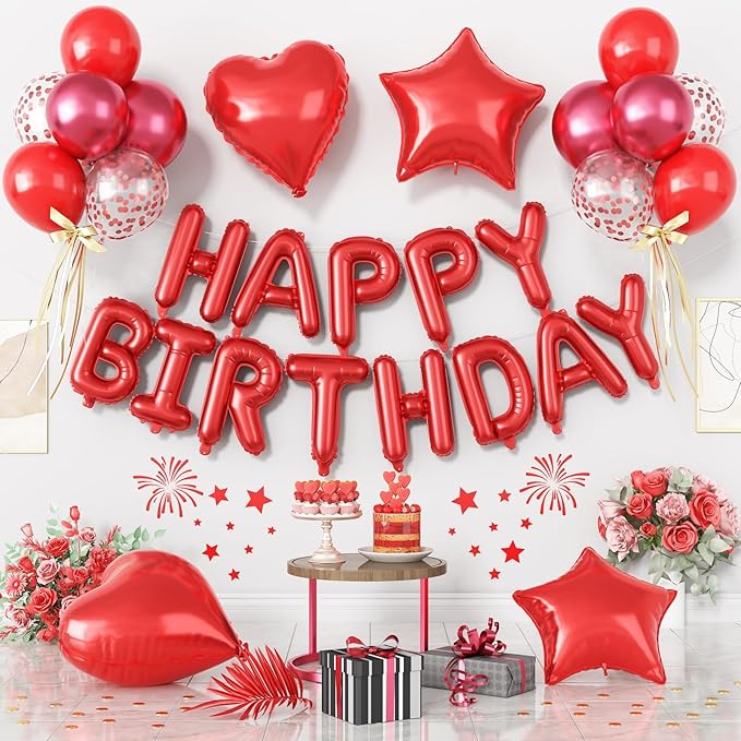 29PC Red Happy Birthday Balloon Banner, 16 Inch 3D Aluminum Letter Banner Sign, Metallic Hot Pink Red Confetti Balloons 18 Inch Star Heart Foil Balloons for Women, Men Party Supplies