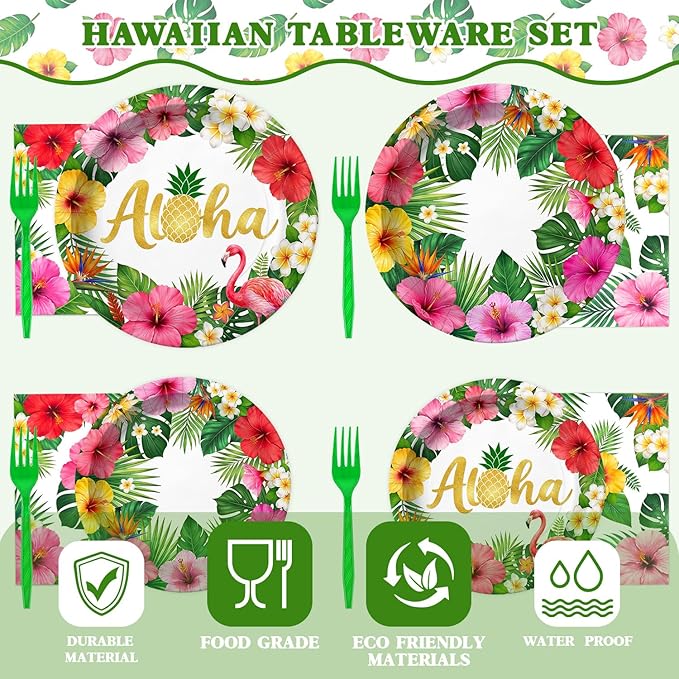 96 Pcs Hawaiian Luau Party Paper Plates Tableware Set (Serves 24), Hawaiian Birthday Decorations Include Plates Napkins Forks For Hibiscus Floral Party