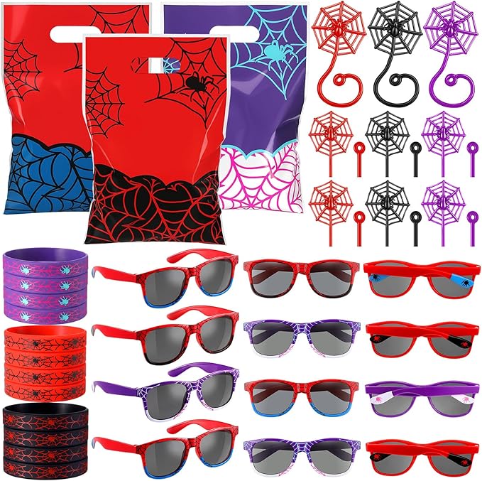 Soulchen 48 Pieces Spiderweb Birthday Party Decoration Set Spiderweb Gift Bags Spider Silicone Bracelet Sunglasses Cobweb Sticky Hands Toys for Birthday Party Supplies Favors (Vibrant)