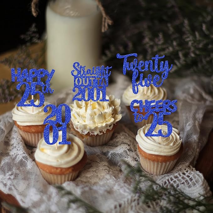 30 PCS 25th Birthday Cupcake Toppers Glitter Twenty Five Happy 25 Straight Outta 2001 Cupcake Picks for Cheers to 25 Fabulous 25th Birthday Anniversary Party Cake Decorations Supplier Blue