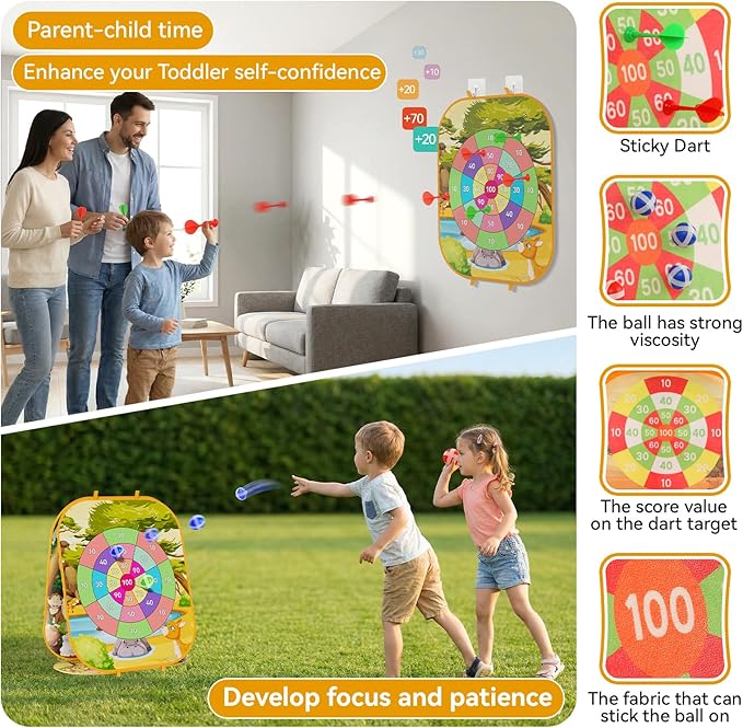 4-in-1 Animal Bean Bag Toss Game for Kids, Cornhole Board Set with Dart Board for Toddler Outdoor Toys, Family Party Game Backyard Beach Lawn Activities Gift for Boys & Girls Ages 3 4 5 6 7 8