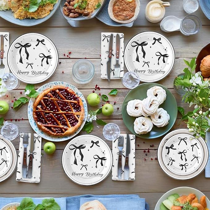 180Pcs Black Bow Birthday Party Supplies Paper Plates and Napkins Serve 60 Disposable Tableware Set for Birthday Party Decorations Game Day Family Holiday Sports Events