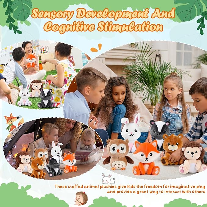 6 Pcs Safari Animals Toys 7 Inch Owl Rabbit Fox Beaver Hedgehog Skunk Large Stuffed Animals Bulk for Woodland Baby Showers Party Decor Birthday Gifts Classroom Teacher Student Awards