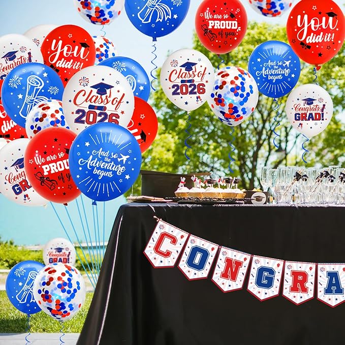 75Pcs Red and Blue Graduation Balloons Decorations Class of 2026 Graduation Party Supplies with Grad Balloon Ribbons for Grad Party Decoration
