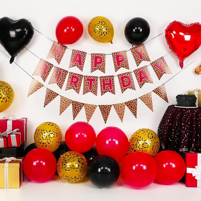 Red Black Leopard Birthday Decorations, Gold Cheetah Print Animal Balloons Black Red and Heart Balloons, Cheetah Happy Birthday Banner for Safari Wild Birthday Baby Shower Jungle Theme Party Supplies