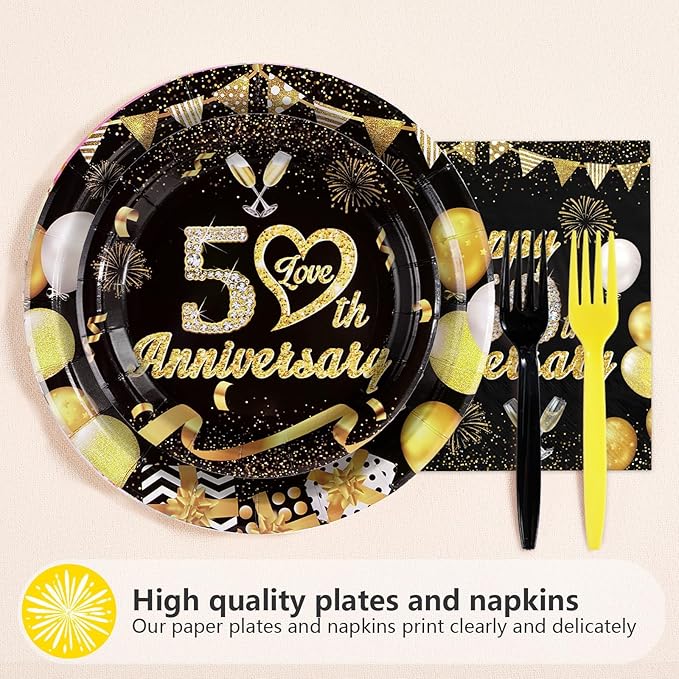 96Pcs 50th Anniversary Decorations Black Gold 50th Wedding Anniversary Plates and Napkins Tableware for 50 Year Anniversaries Decorations Serve 24