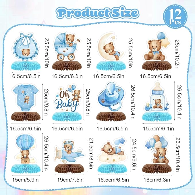 Tarklanda 12 Pcs Bear Baby Shower Honeycomb Centerpieces 3D Table Toppers Teddy Bear Themed Honeycomb Decoration for Birthday Wedding Gender Neutral Party Supplies (Blue Bear)