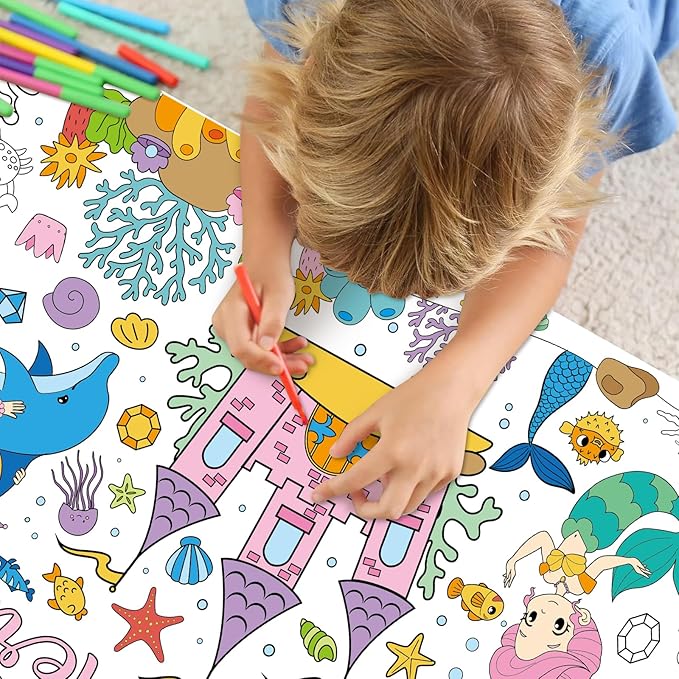 Mermaid Giant Coloring Poster for Kids 30 x 72 Inch, Large Coloring Poster Sheets Tablecloth, Mermaid Themed Color-in Activities Games for Kids School Classroom Home Party Supplies Decorations